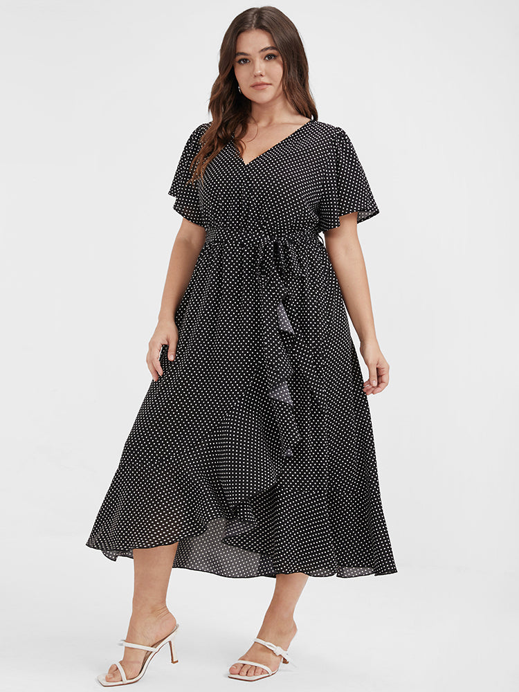 Polka Dot Flutter Trim Belted Wrap Dress