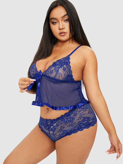 Bowknot Front Lace Mesh Sheer Lingerie Set