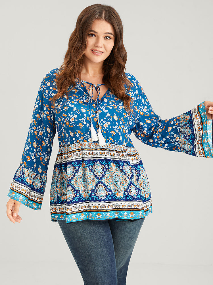 Floral Tie Neck Button Front Flutter Blouse