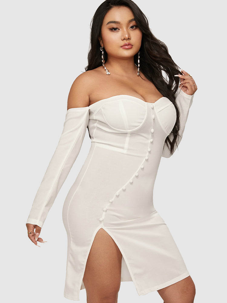 Button Detail Bustier Split Tube Bodycon Dress