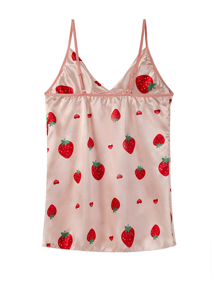 4pcs Strawberry Print Satin Belted Pajama Set