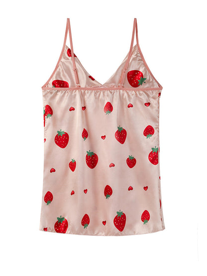 4pcs Strawberry Print Satin Belted Pajama Set