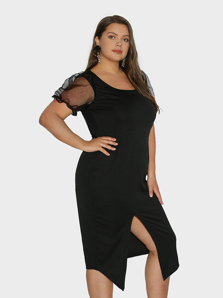Mesh Puff Sleeve Split Hem Dress