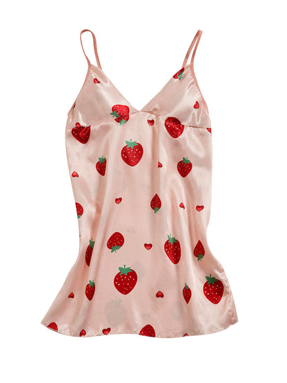 4pcs Strawberry Print Satin Belted Pajama Set