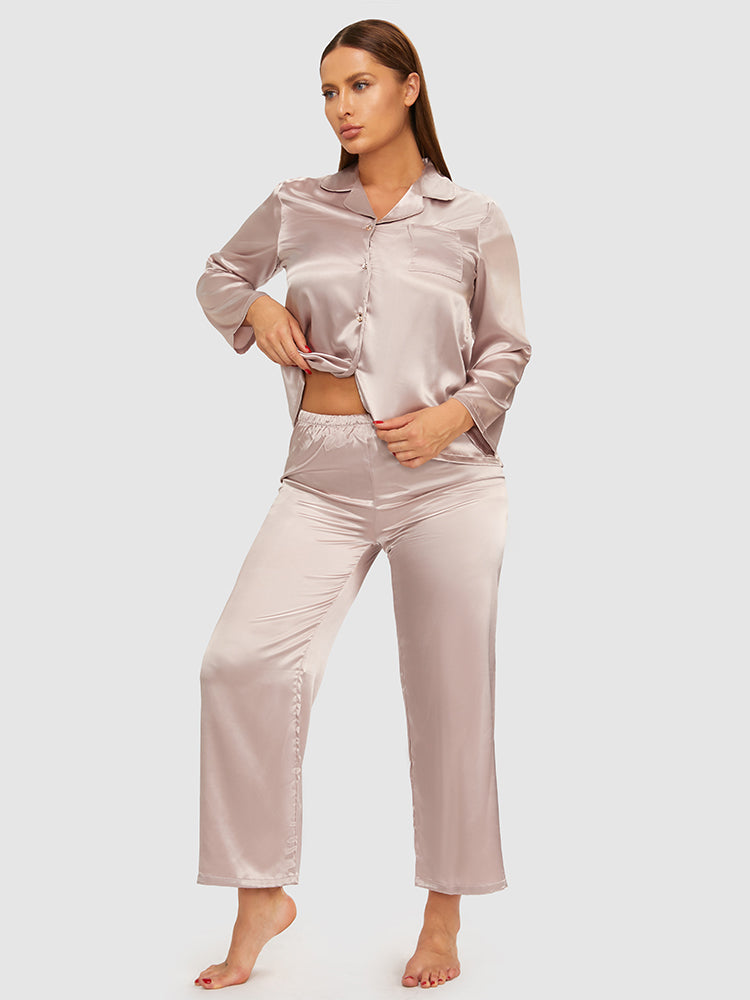 Lapel Collar Satin Button Front Pajama Set