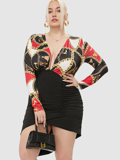 Chain Pattern Ruched Irregular Hem Bodycon Dress