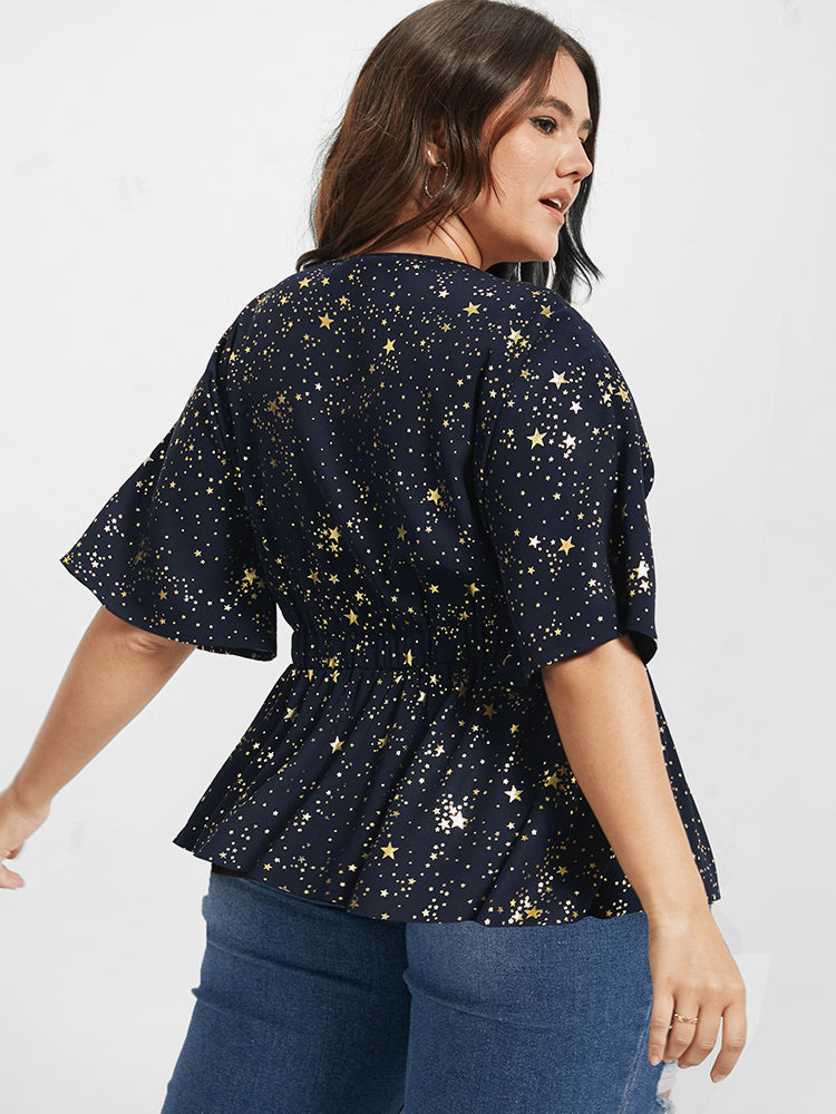 Star Printed Elastic Waist Ruffled V Neck Blouse