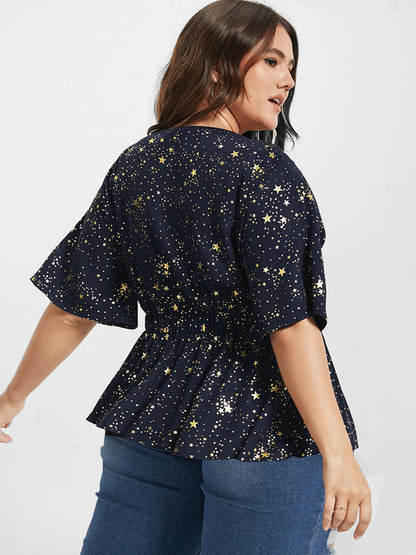 Star Printed Elastic Waist Ruffled V Neck Blouse