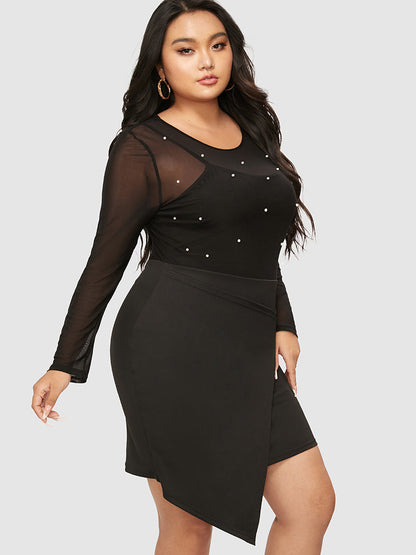 Beaded Contrast Mesh Wrap Bodycon Dress