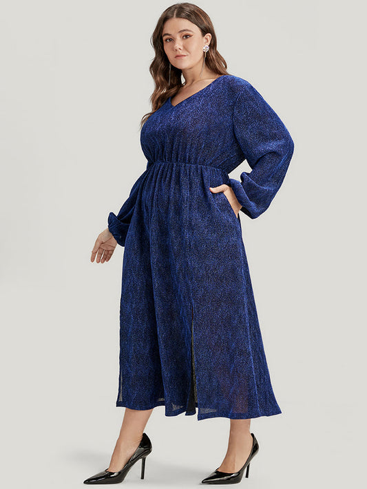 Solid Lantern Sleeve Sequin Split Hem Dress