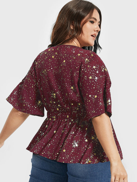 Star Printed Elastic Waist Ruffled V Neck Blouse