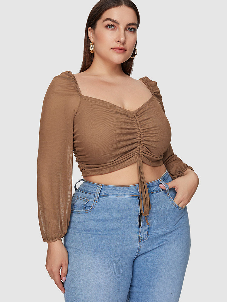 Bishop Sleeve Mesh Drawstring Crop Blouse