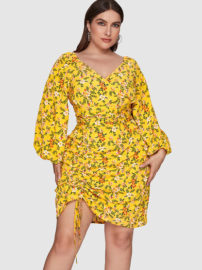 Ditsy Floral Ruched Drawstring Bodycon Dress