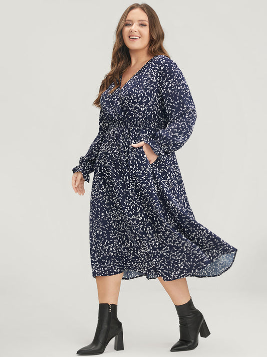 Plant Print Pocket Lantern Sleeve Wrap Shirred Dress