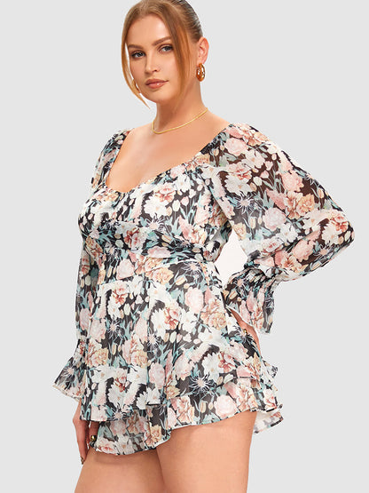 Square Neck Floral Pattern Ties Romper