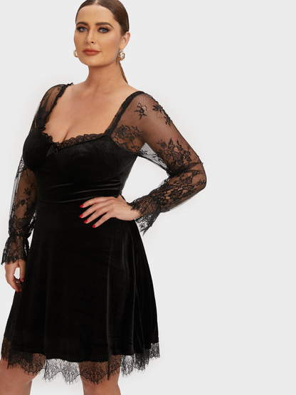 Solid Contrast Lace Sleeve Dress