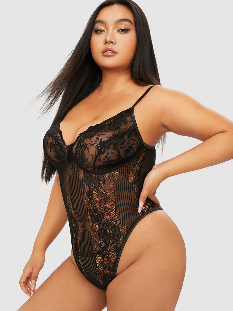 Floral Lace Sheer Cami Bodysuit Without Thong