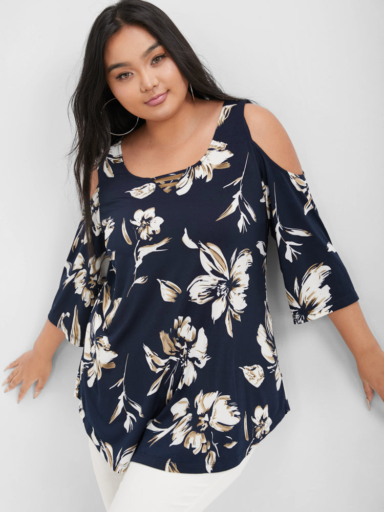 Floral Print Ruffles Cold Shoulder T-shirt
