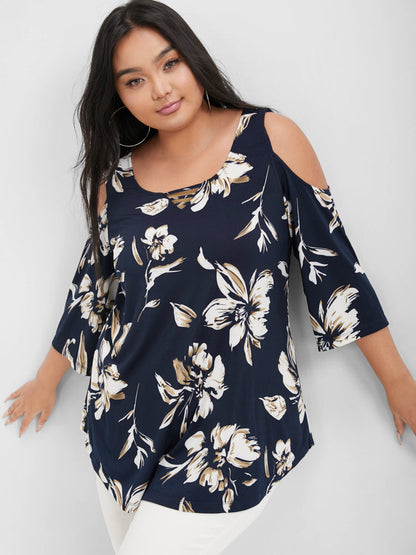 Floral Print Ruffles Cold Shoulder T-shirt