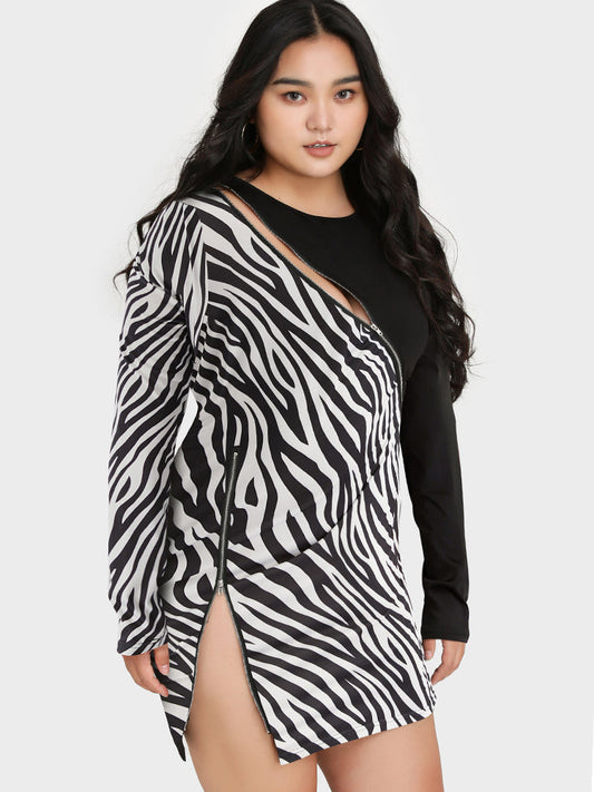 Zebra Striped Zipper Bodycon Dress