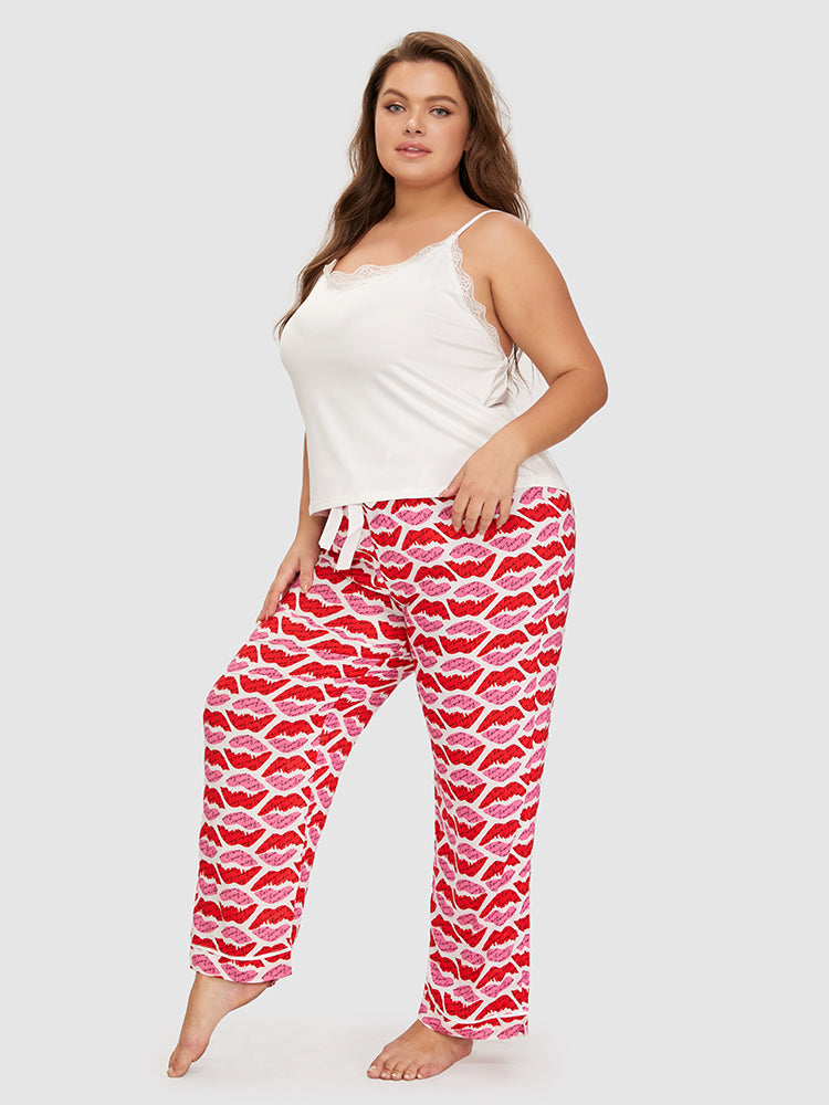 Lip Pattern Lace Trim Pajama Set