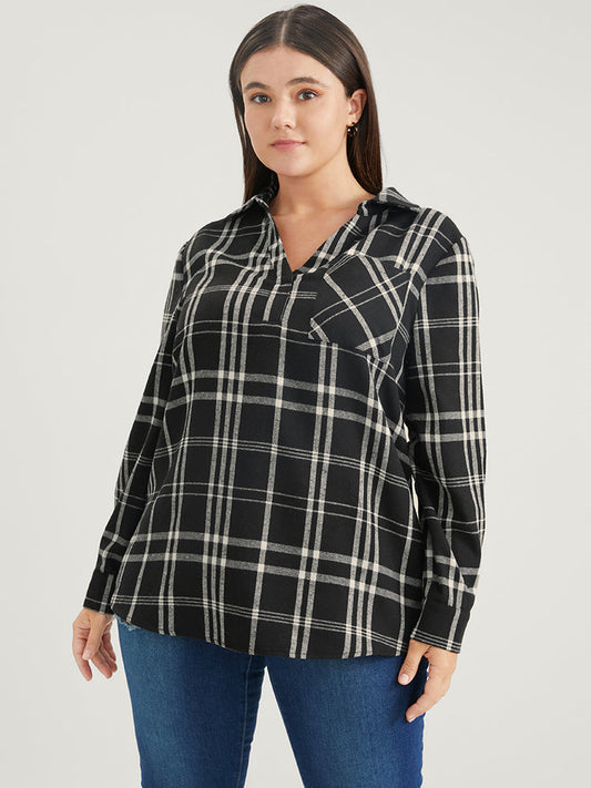 Plaid Lapel Collar Blouse Without Belt