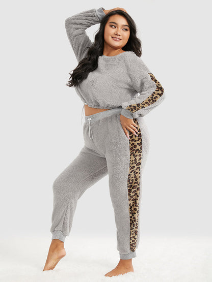 Leopard Panel Drawstring Flannel Lounge Set