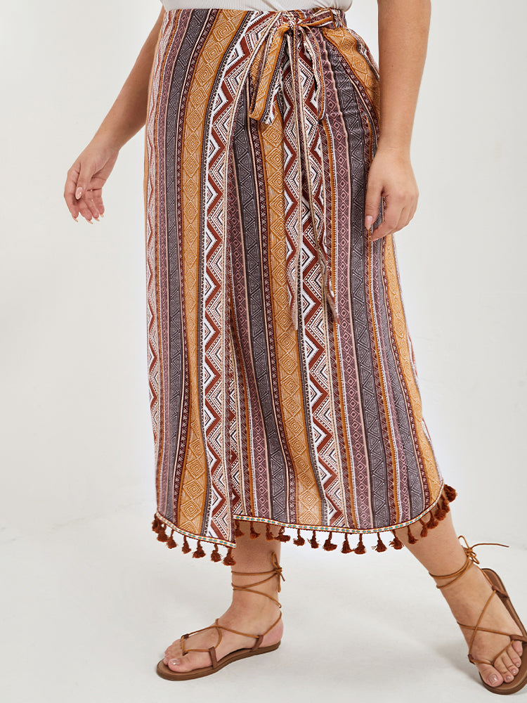 Geo Print Wrap Knot Fringe Hem Skirt