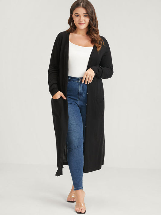 Plain Super Soft Knit Split Button Front Pocket Long Cardigan