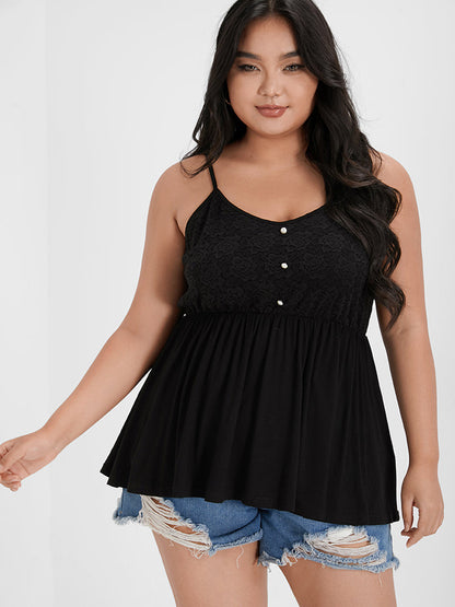 Solid Lace Patchwork Ruched Button Tank Top