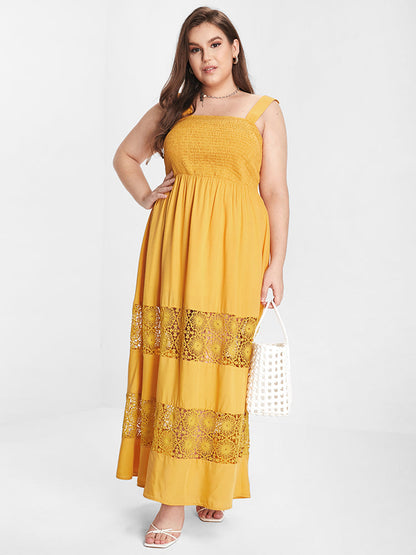 Plain Ruffle Shirred Eyelet Lace Maxi Dress