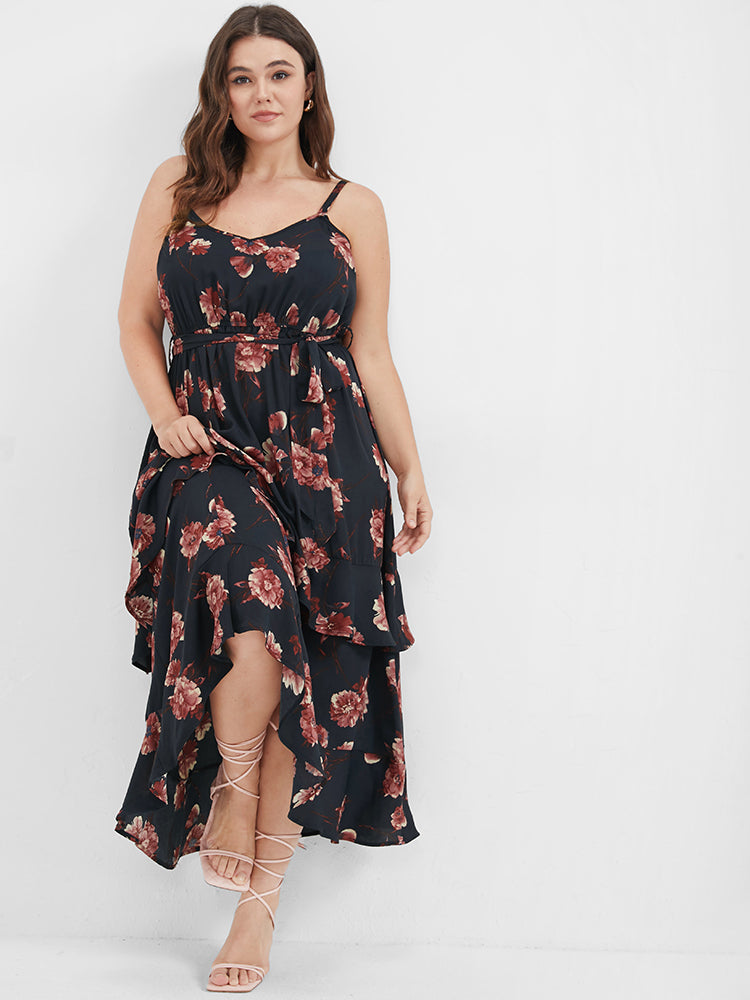 Floral Backless Ruffles Tiered Belted Cami Dress