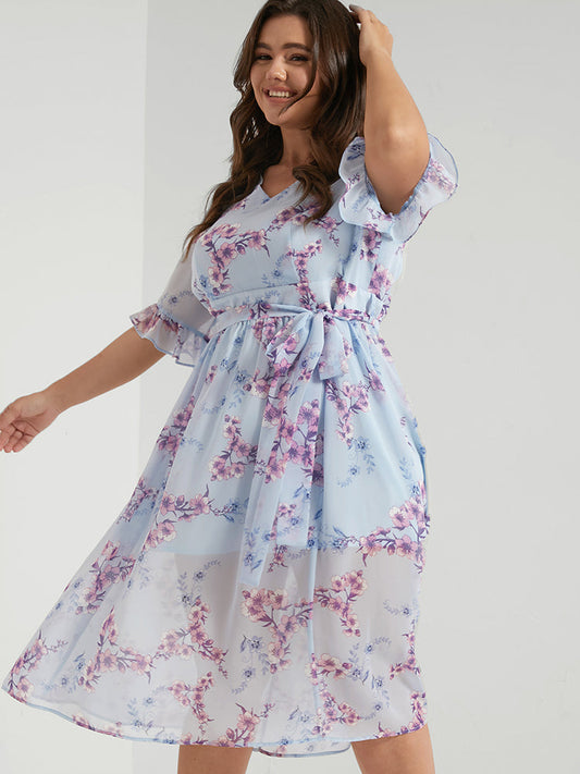 Chiffon Flounce Sleeve Floral Knot Midi Dress