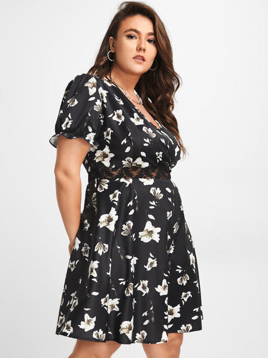 Bloom Dress - Floral Print Inset Lace Surplice Neck Dress