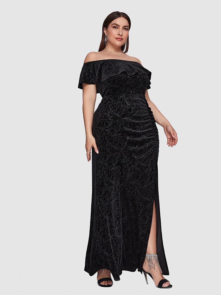 Velvet Floral Print Ruffled Ruched Split Dress