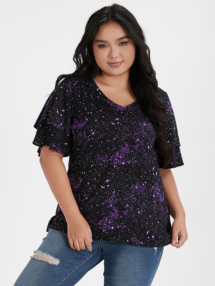 Galaxy Ruffles Sleeve Button V Neck T-shirt