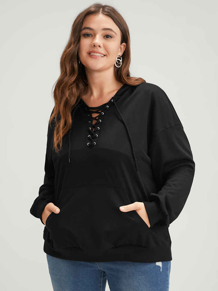 Plain Lace Up Pocket Drop Shoulder Hooded Sweatshirt