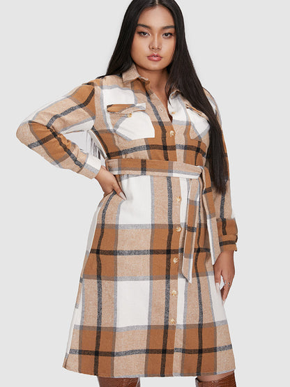 Plaid Pocket Belted Shirt Dress