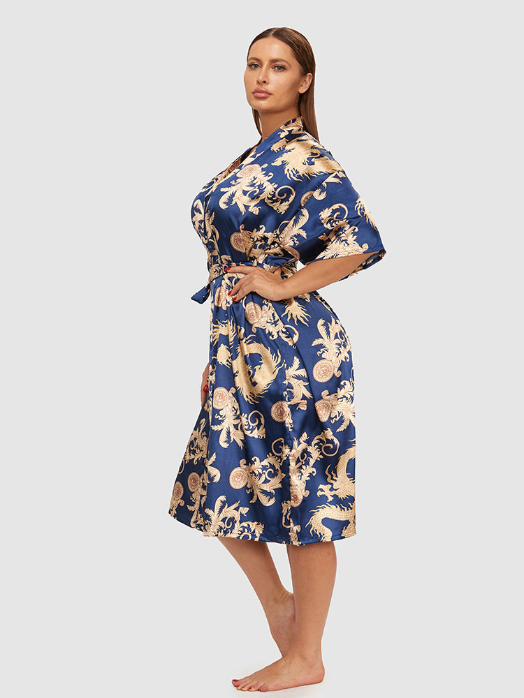 Scarf Art Print Satin Belted Night Robe