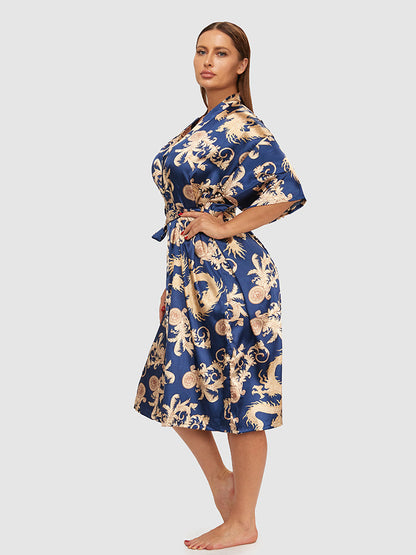 Scarf Art Print Satin Belted Night Robe