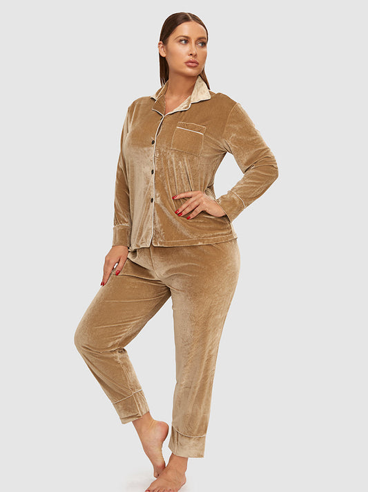 Contrast Binding Button Pocket Velvet Pajama Set
