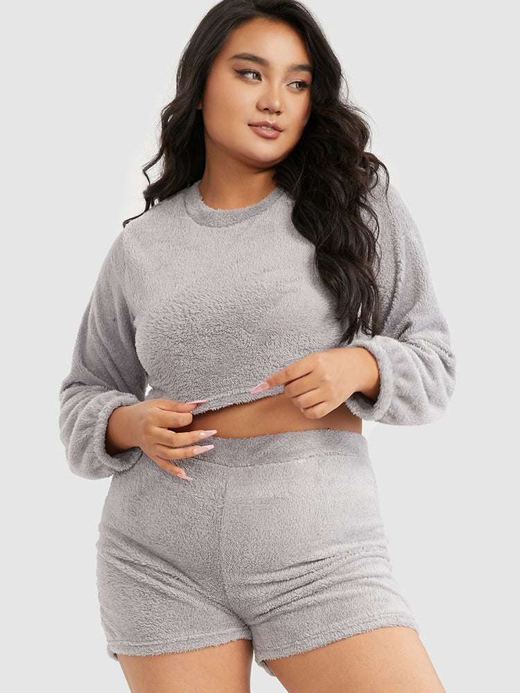 Solid Crop Top & Shorts Flannel Lounge Set