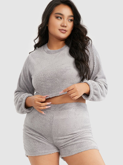 Solid Crop Top & Shorts Flannel Lounge Set