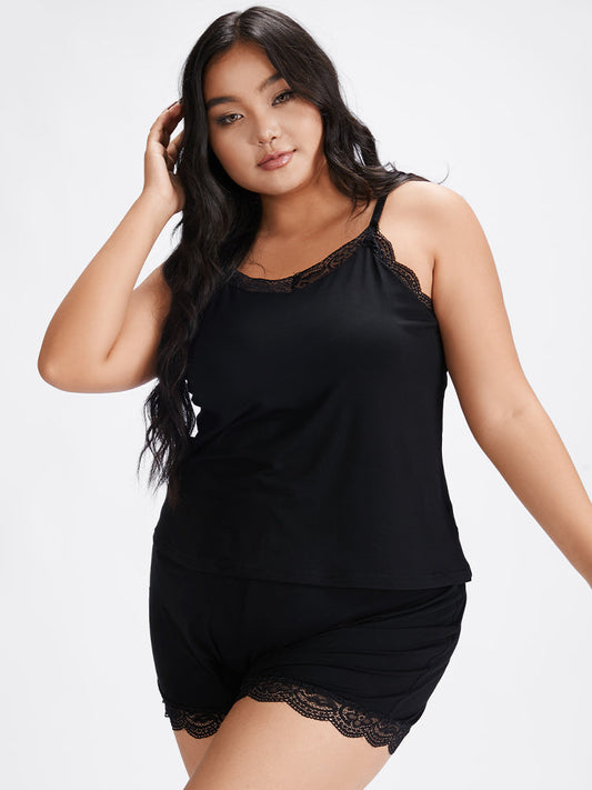 Solid Eyelash Lace Sleep Set