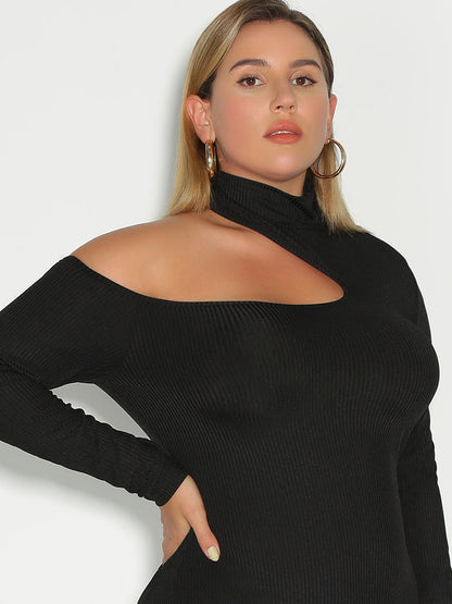 Cut Out Shoulder Rib-knit Dress