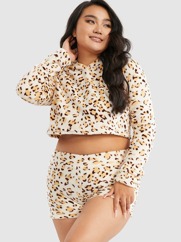 Leopard Print Hooded Top & Shorts Lounge Set