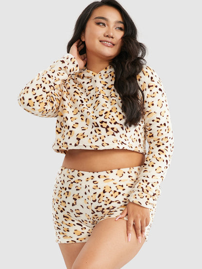 Leopard Print Hooded Top & Shorts Lounge Set