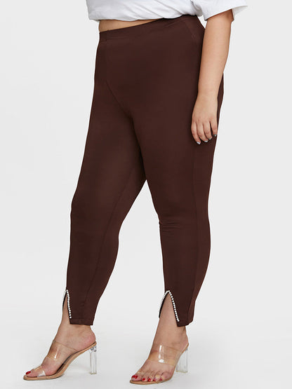 Beaded Slit Solid Bodycon Pants