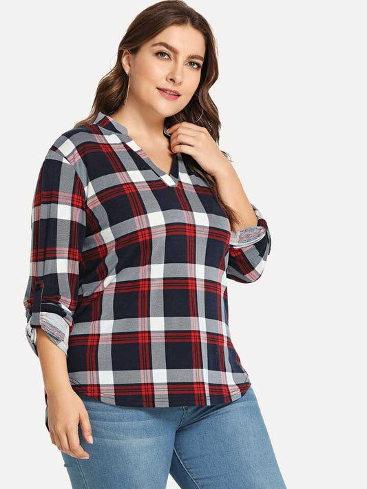 V-Neck Plaid Blouse