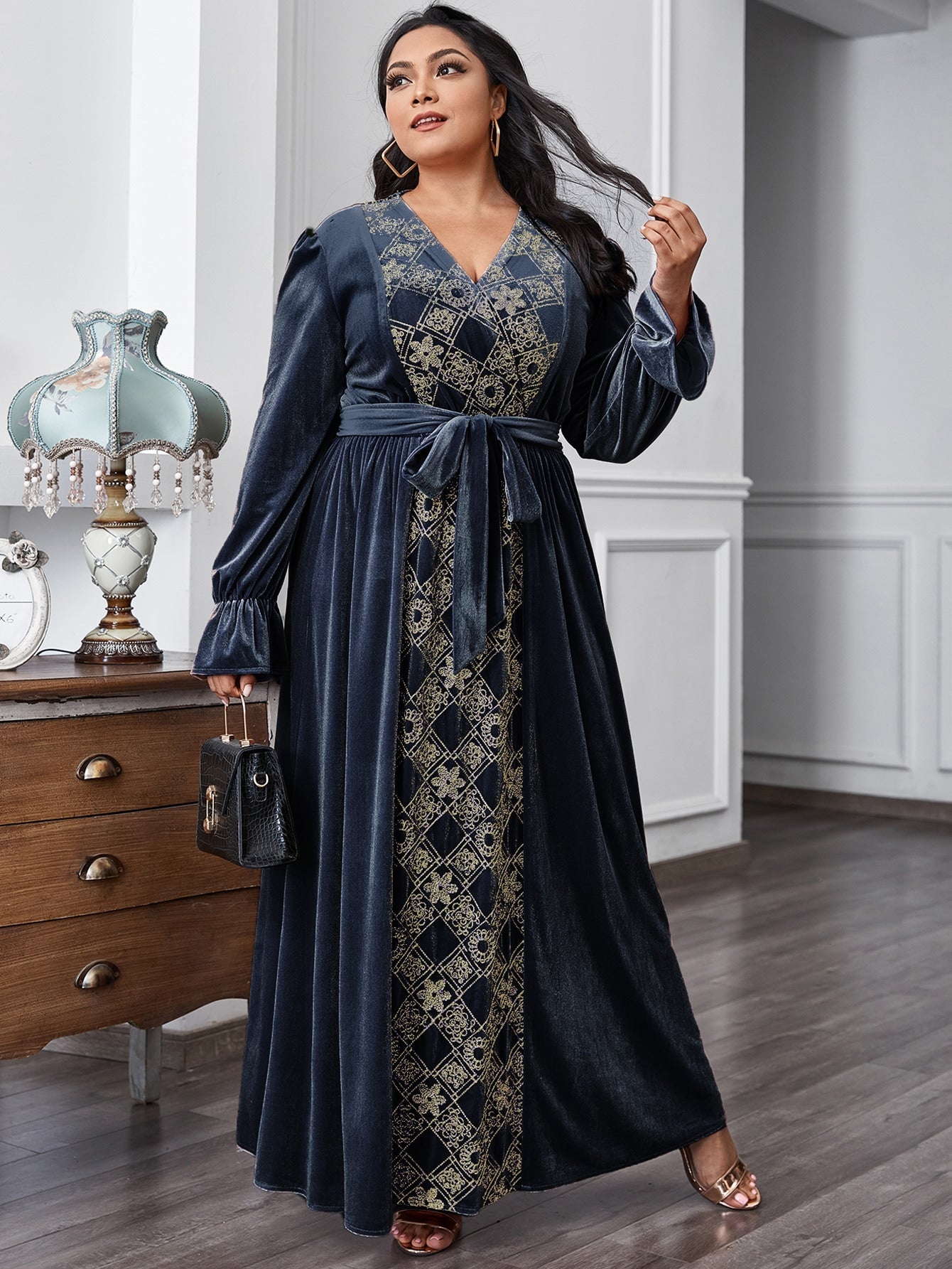 Floral & Argyle Embroidered Belt Velvet A-line Dress